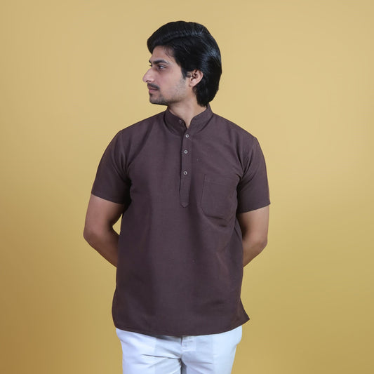 Solid Half Sleeves Short Kurta-Brown