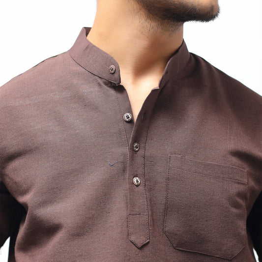 Solid Half Sleeves Short Kurta-Brown
