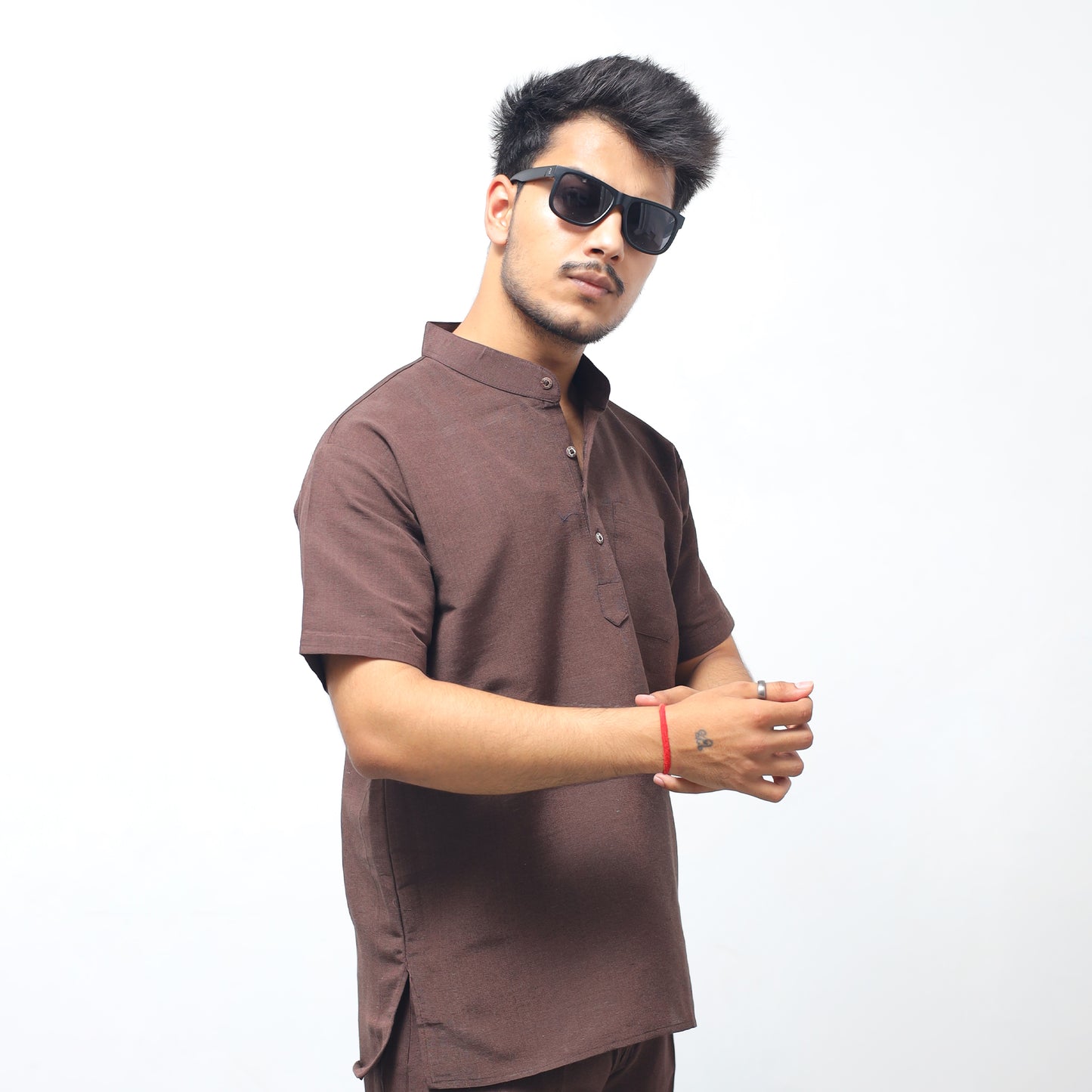Solid Half Sleeves Short Kurta-Brown