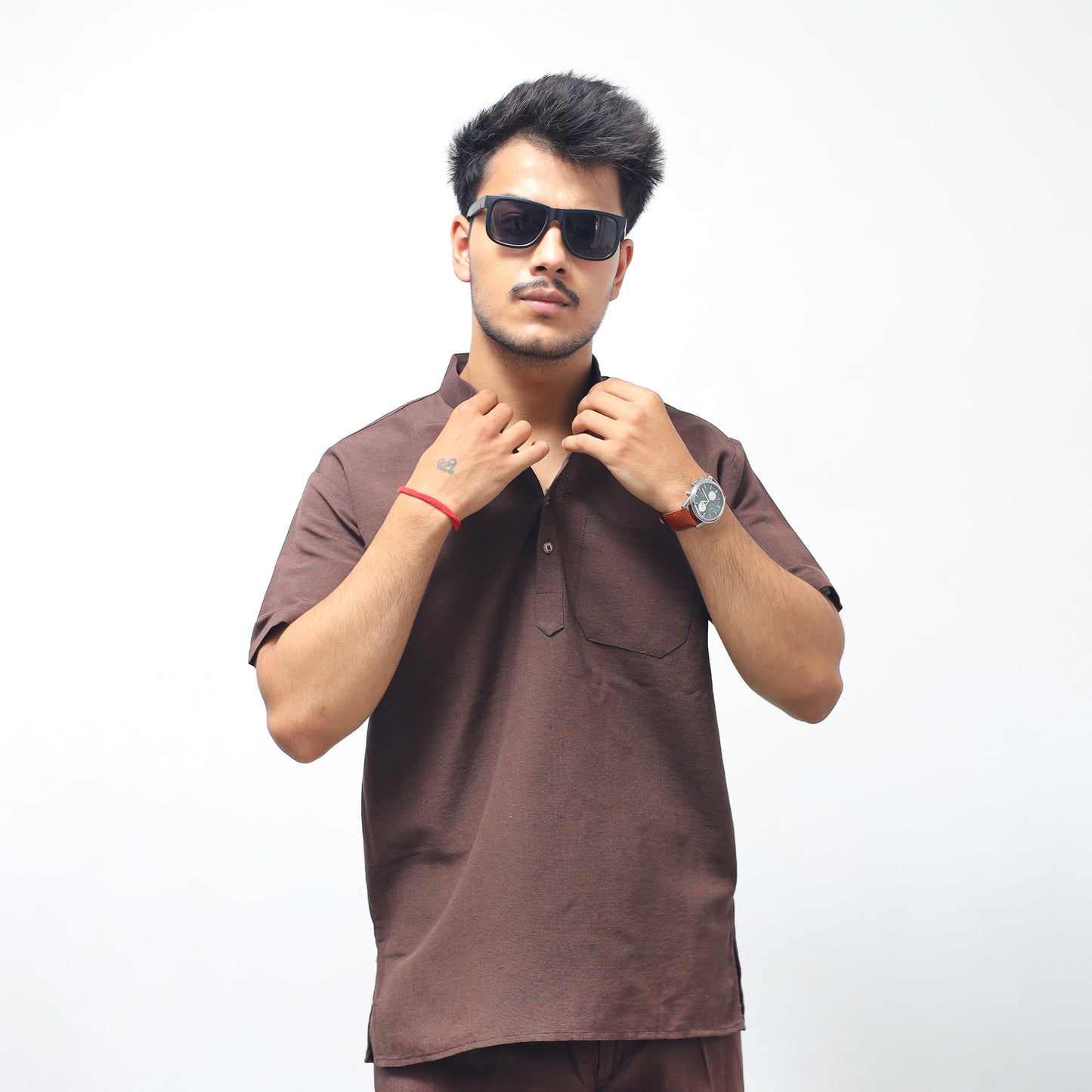 Solid Half Sleeves Short Kurta-Brown
