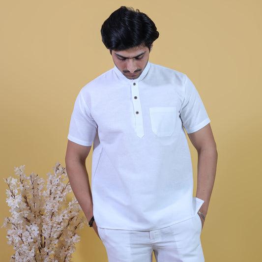 Solid Half Sleeves Short Kurta-White