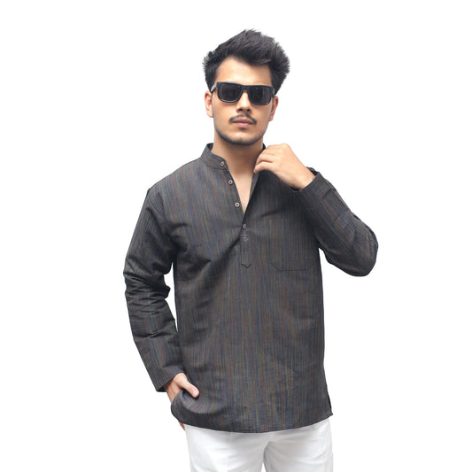Thread Lines Full Sleeves Short Kurta Black