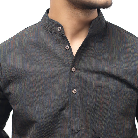 Thread Lines Full Sleeves Short Kurta Black