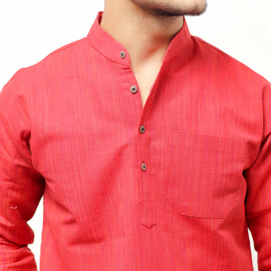 Thread Lines Full Sleeves Short Kurta Red