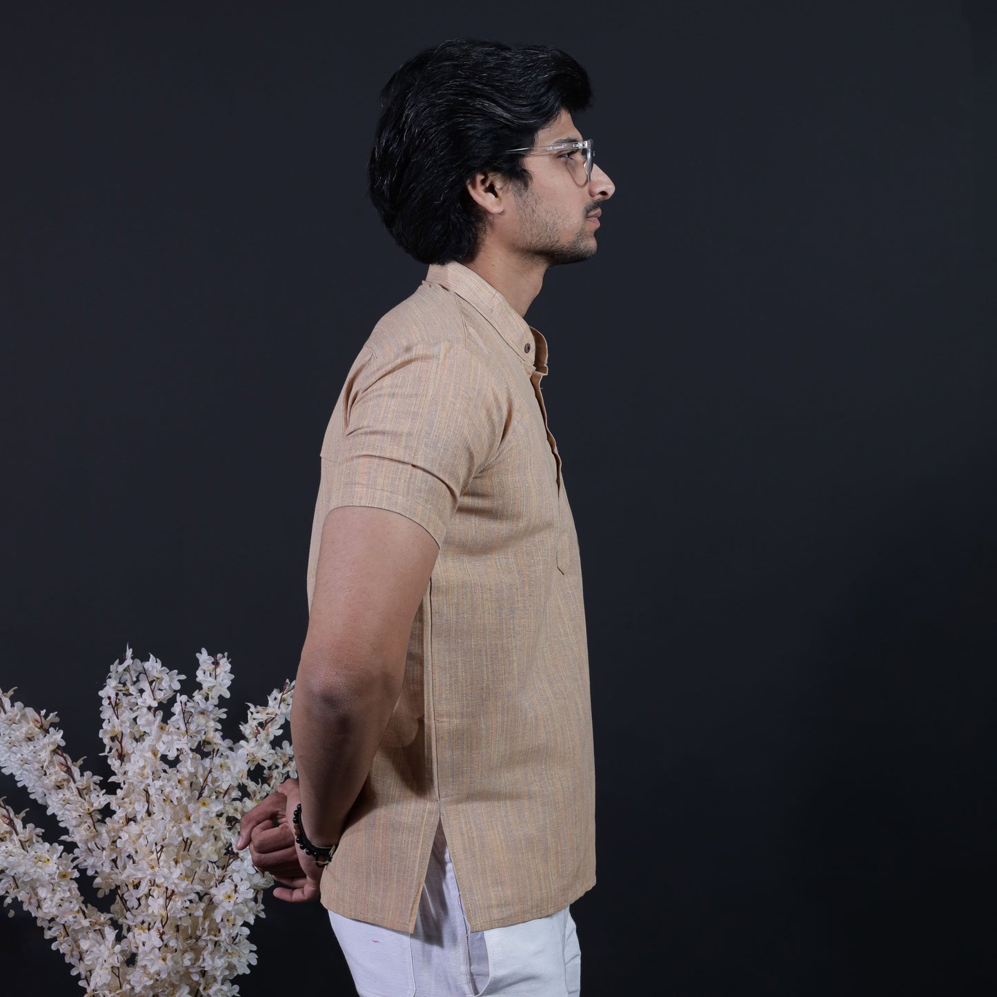 Combo Set Thread Line Half Sleeves Short Kurta Pant-Beige