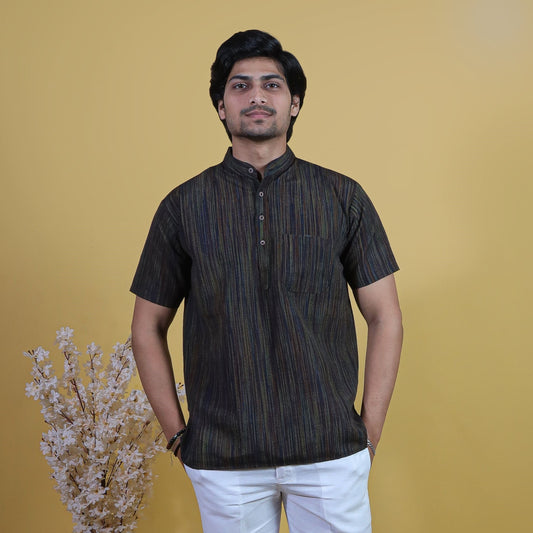 Thread Lines Half Sleeves Short Kurta-Black