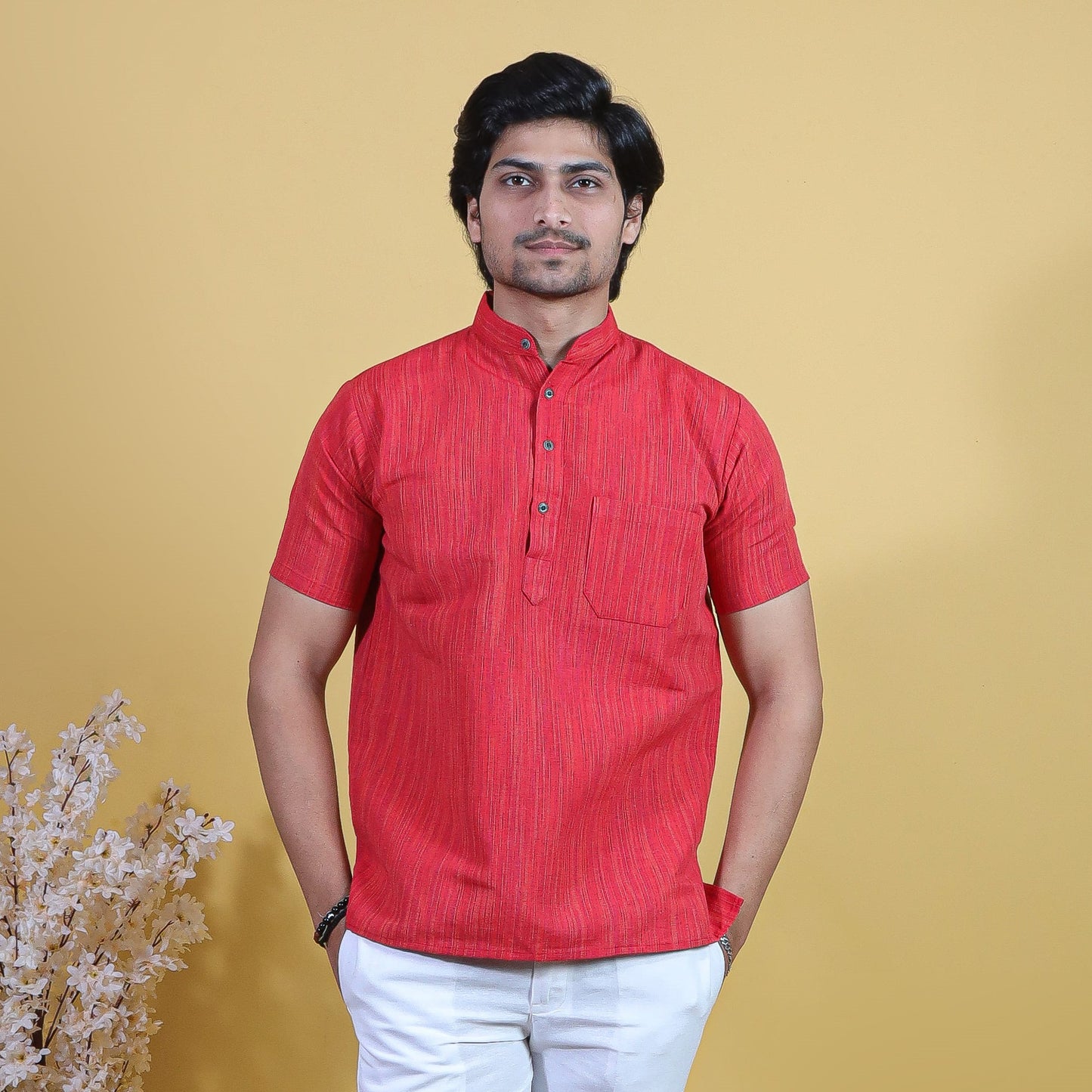 Combo Set Thread Line Half Sleeves Short Kurta Pant-Red