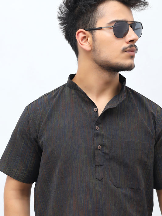 Thread Lines Half Sleeves Short Kurta-Black