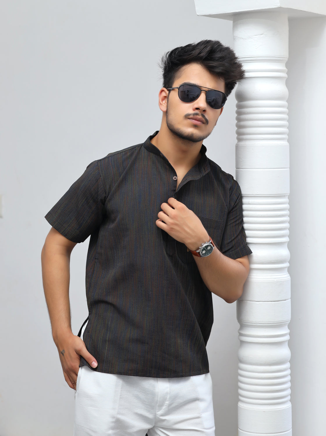 Men's Thread Lines Short Half Sleeves Kurta