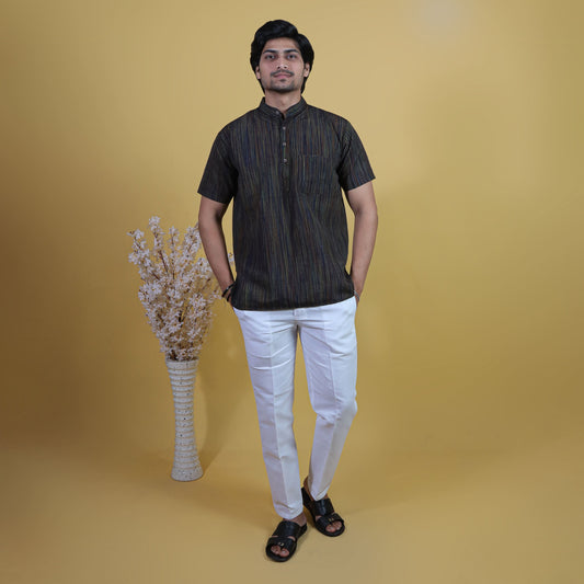 Combo Set Thread Line Half Sleeves Short Kurta Pant-Black