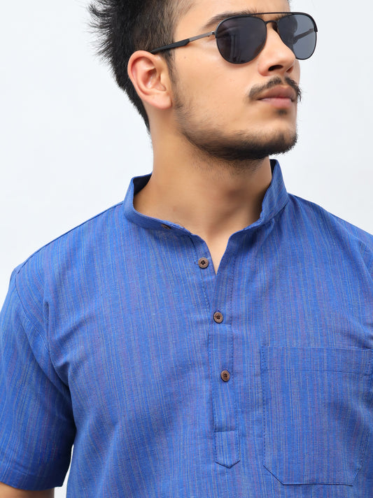 Thread Lines Half Sleeves Short Kurta-Blue