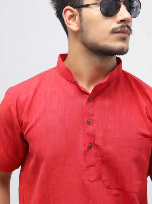 Thread Lines Half Sleeves Short Kurta-Red