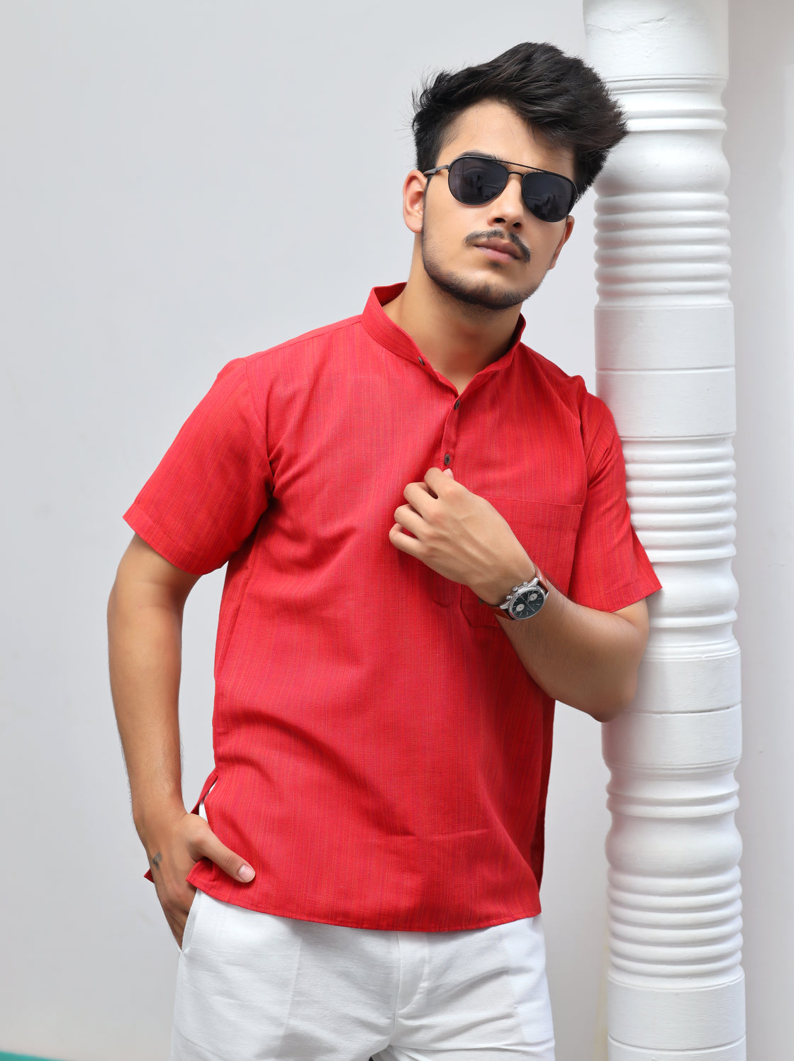 Men's Thread Lines Short Half Sleeves Kurta