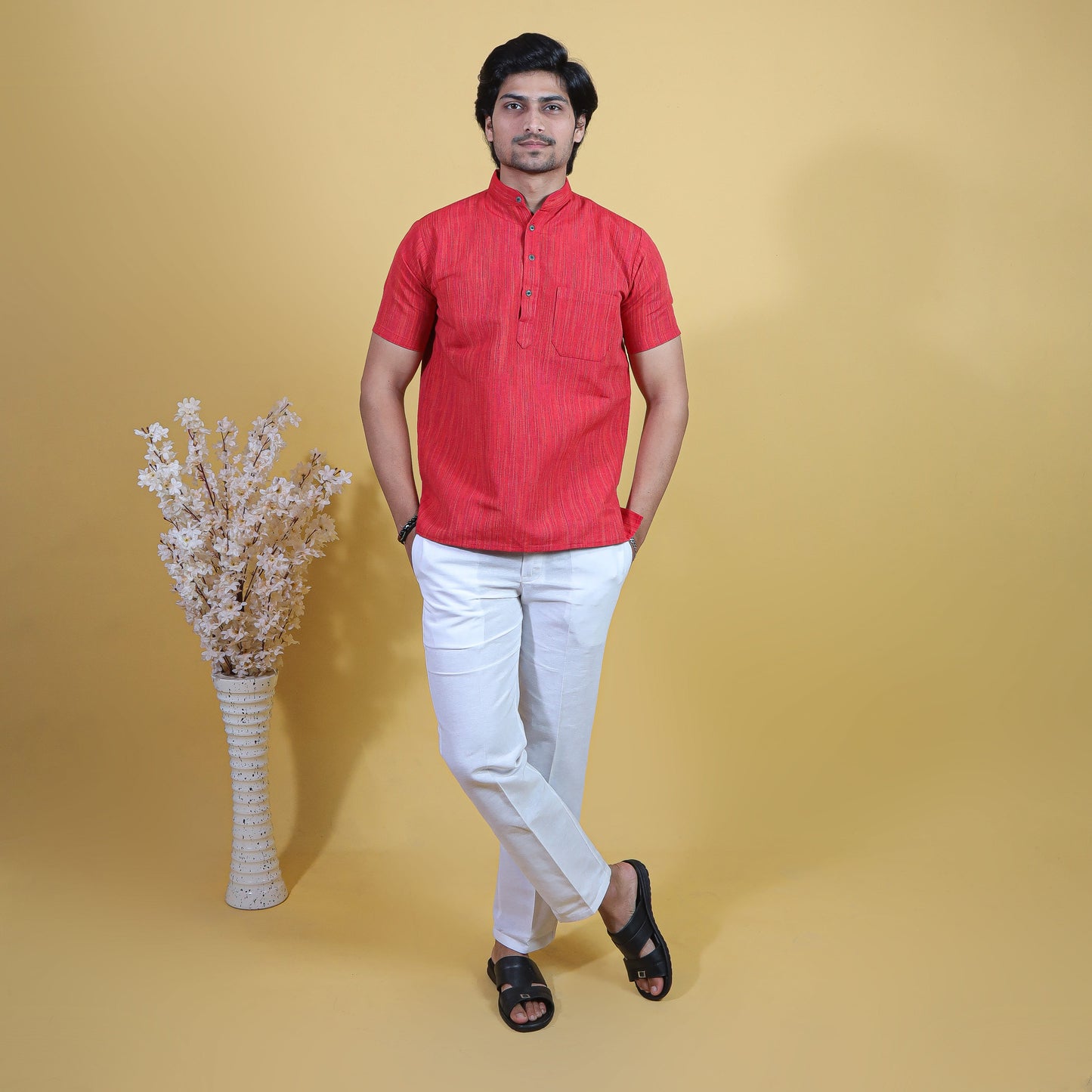 Combo Set Thread Line Half Sleeves Short Kurta Pant-Red