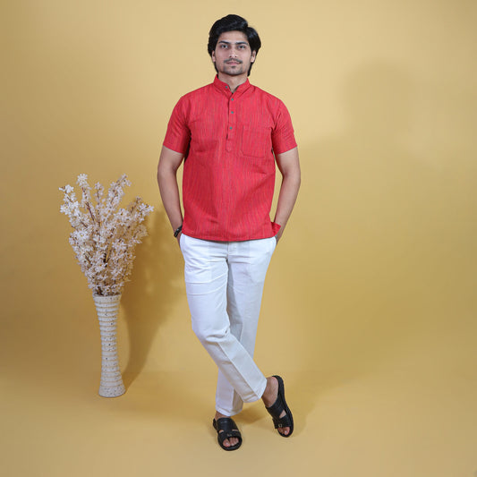Combo Set Thread Line Half Sleeves Short Kurta Pant-Red