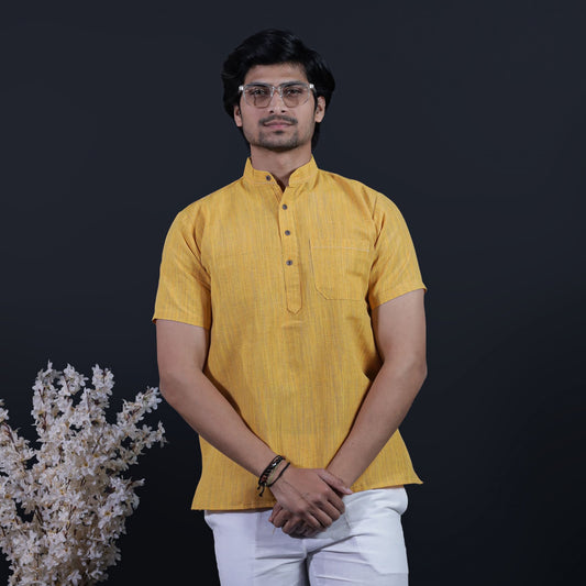 Thread Lines Half Sleeves Short Kurta-Yellow