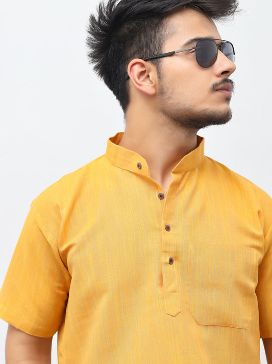 Thread Lines Half Sleeves Short Kurta-Yellow