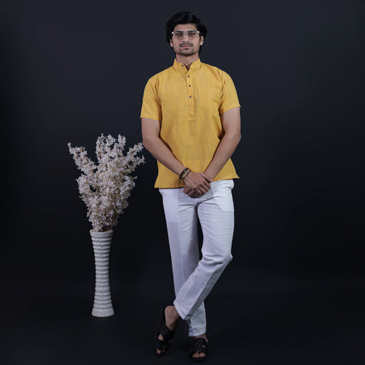 Combo Set Thread Line Half Sleeves Short Kurta Pant-Yellow