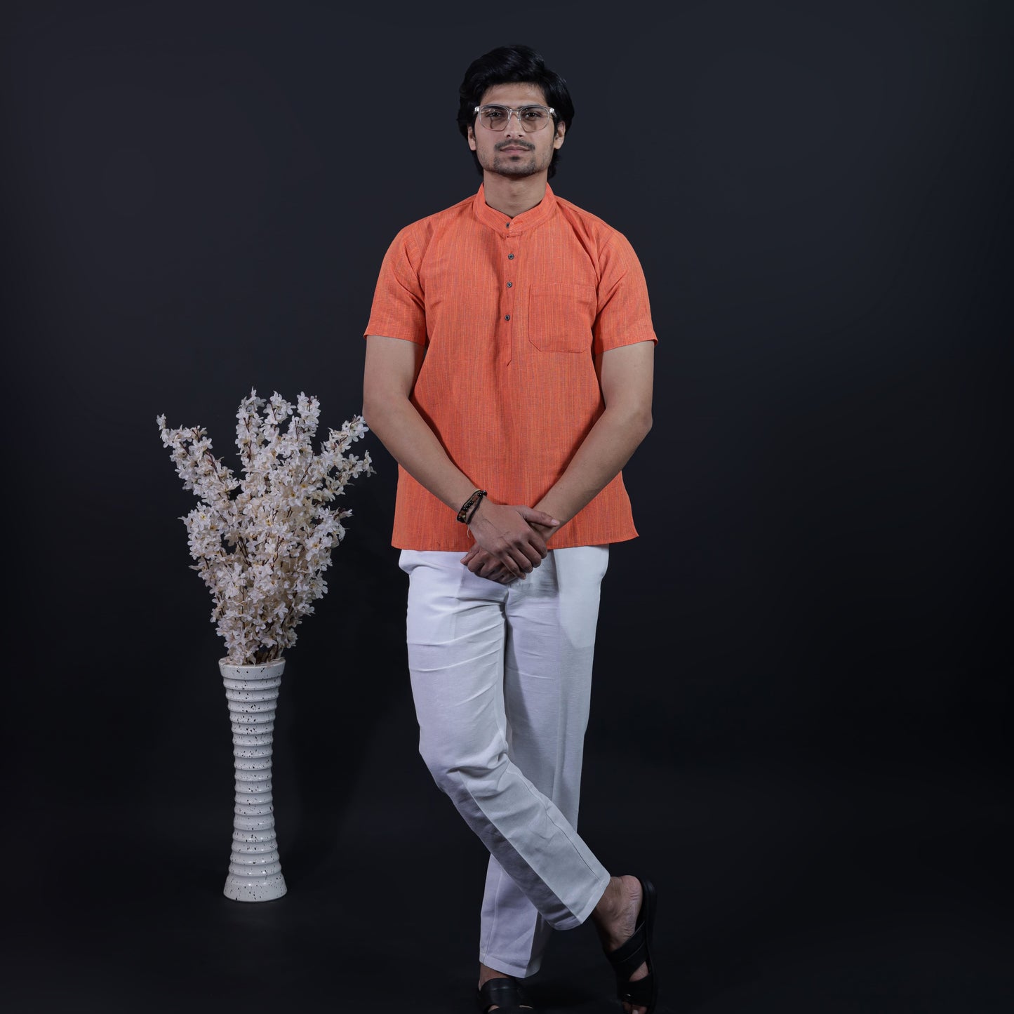 Combo Set Thread Line Half Sleeves Short Kurta Pant-Orange
