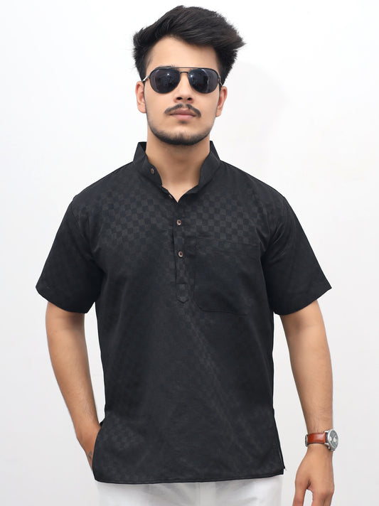 Men's Black Urban Check Short  Kurta