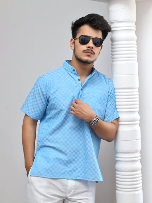 Men's Blue Urban Check Short  Kurta