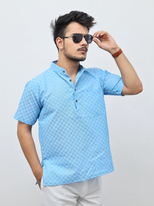 Men's Blue Urban Check Short  Kurta