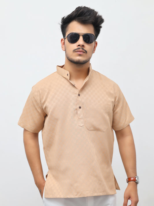 Men's Beige Urban Check Short  Kurta