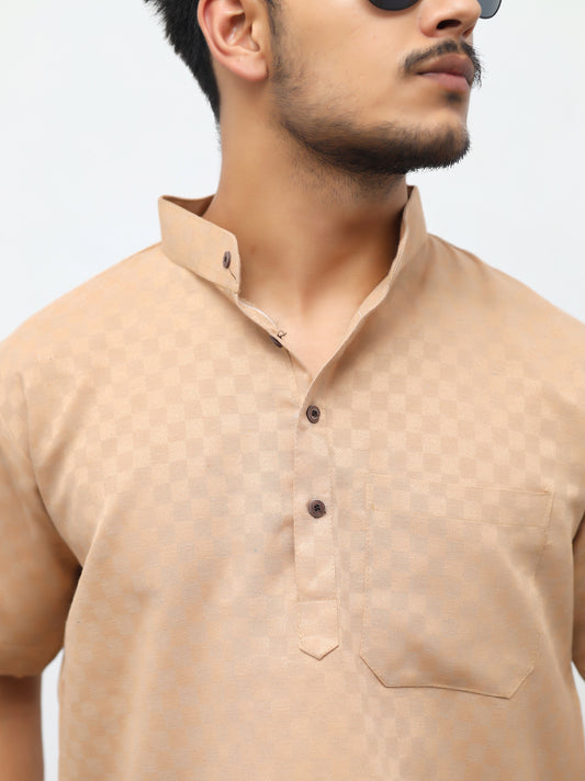 Men's Beige Urban Check Short  Kurta