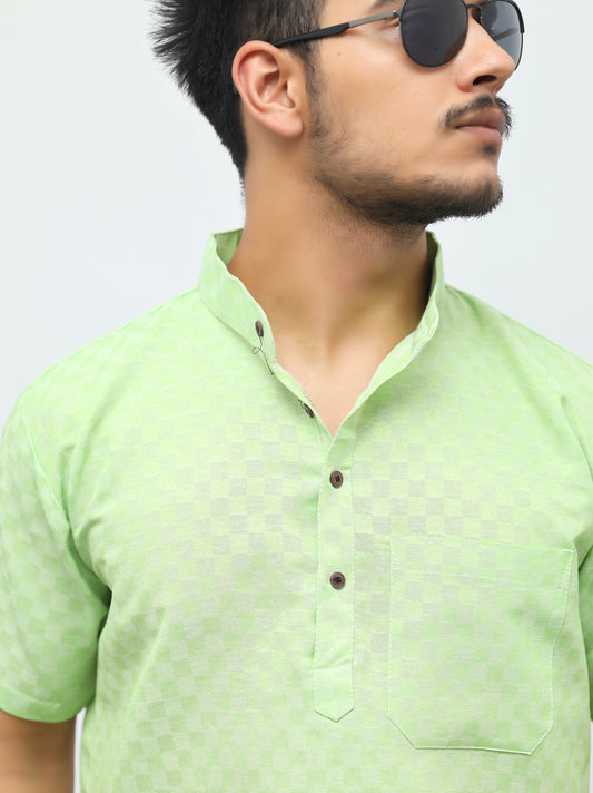 Men's Green Urban Check Short  Kurta