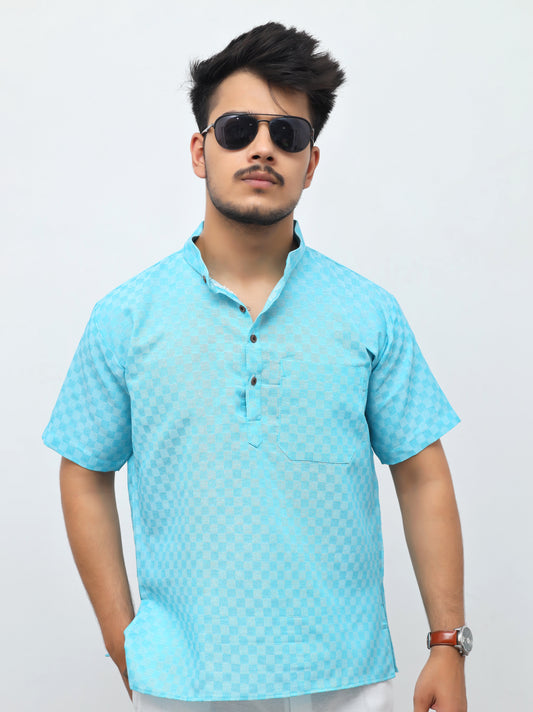 Men's Sky Blue Urban Check Short  Kurta