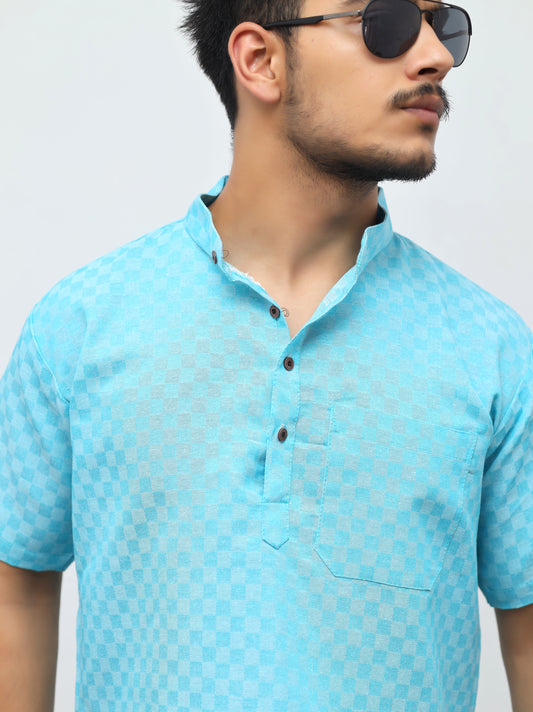 Men's Sky Blue Urban Check Short  Kurta