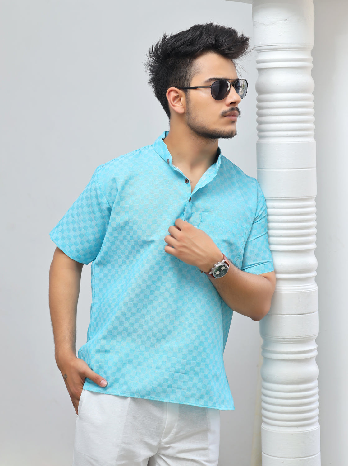 Men's Urban Check Short Half Sleeves Kurta
