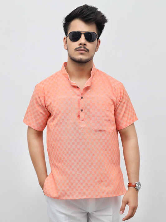 Men's Light Orange Urban Check Short  Kurta