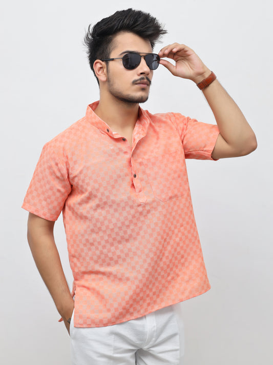 Men's Light Orange Urban Check Short  Kurta
