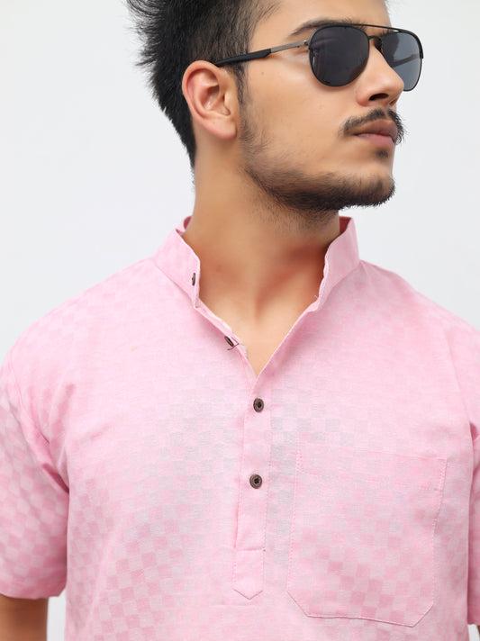 Men's Pink Urban Check Short  Kurta