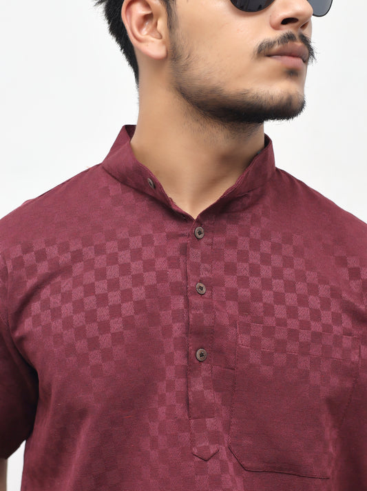 Men's Maroon Urban Check Short  Kurta