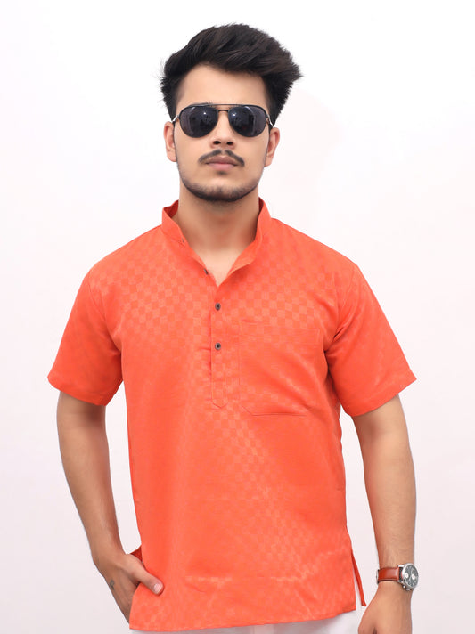 Men's Orange Urban Check Short  Kurta