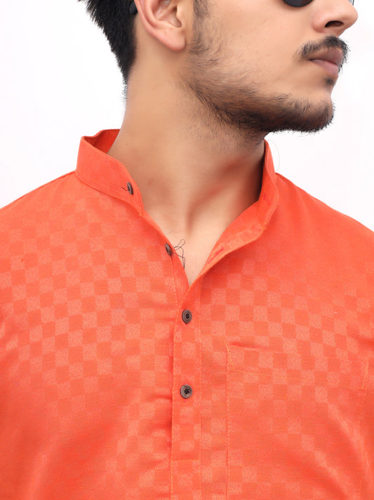 Men's Orange Urban Check Short  Kurta