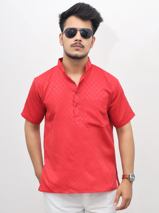 Men's Red Urban Check Short  Kurta