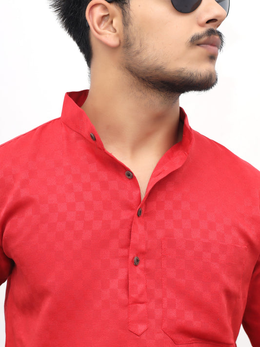 Men's Red Urban Check Short  Kurta