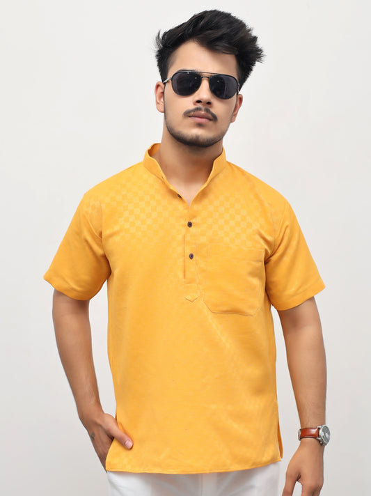 Men's Yellow Urban Check Short  Kurta