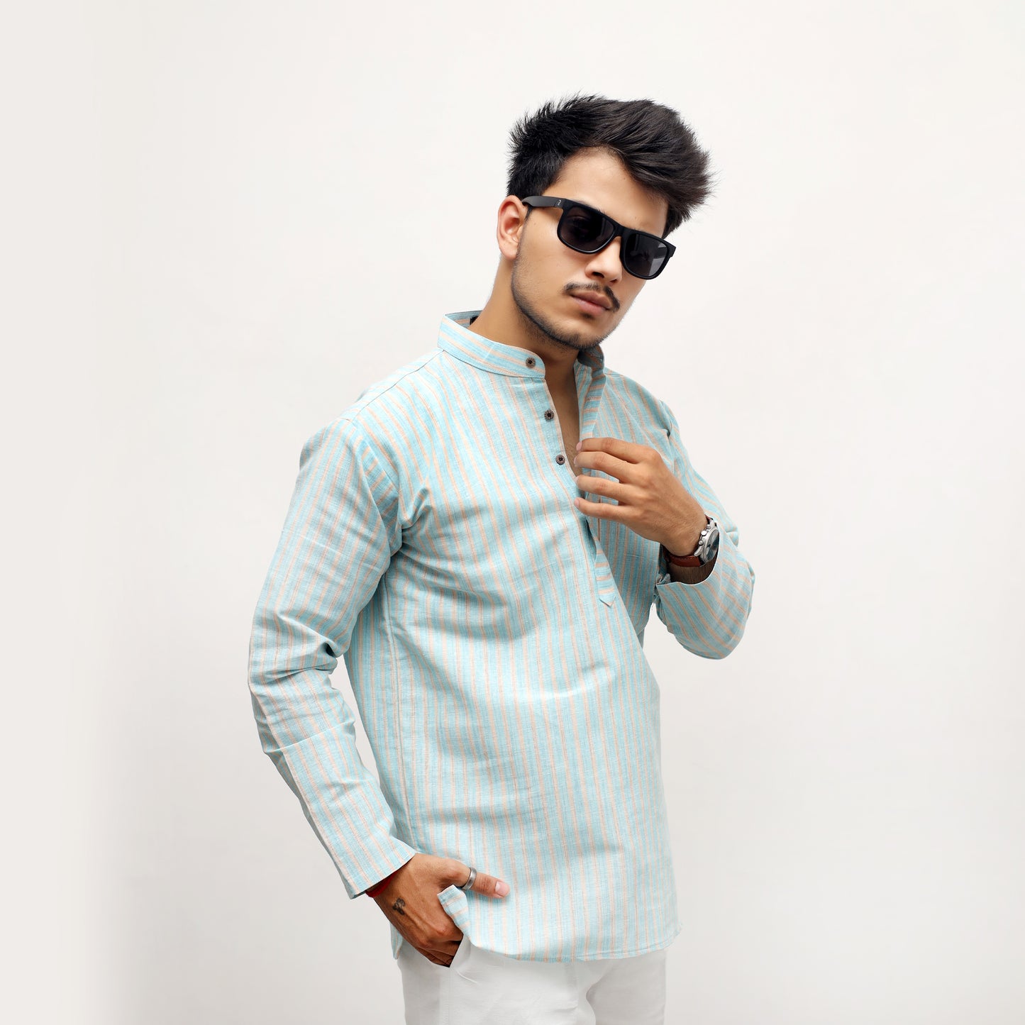 Combo Set Golden Striped Full Sleeves Short Kurta-Blue
