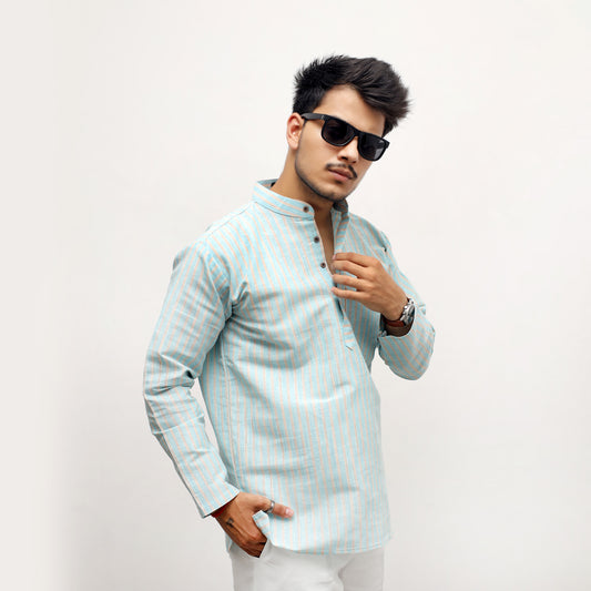 Golden Striped Full Sleeves Short Kurta-Blue