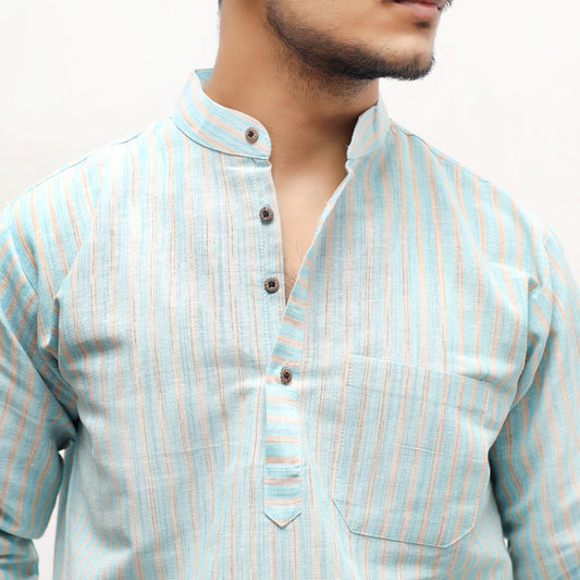 Golden Striped Full Sleeves Short Kurta-Blue