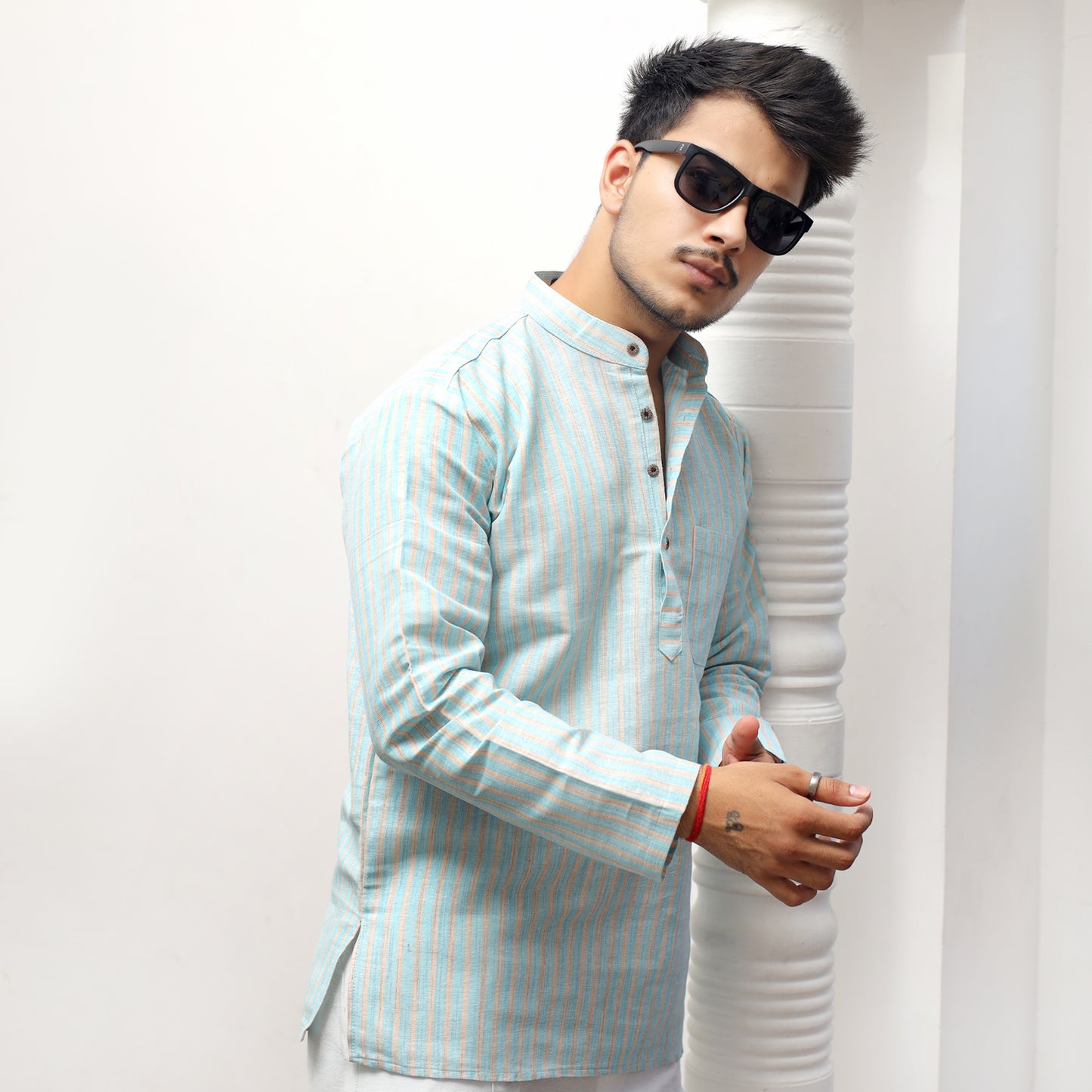 Combo Set Golden Striped Full Sleeves Short Kurta-Blue