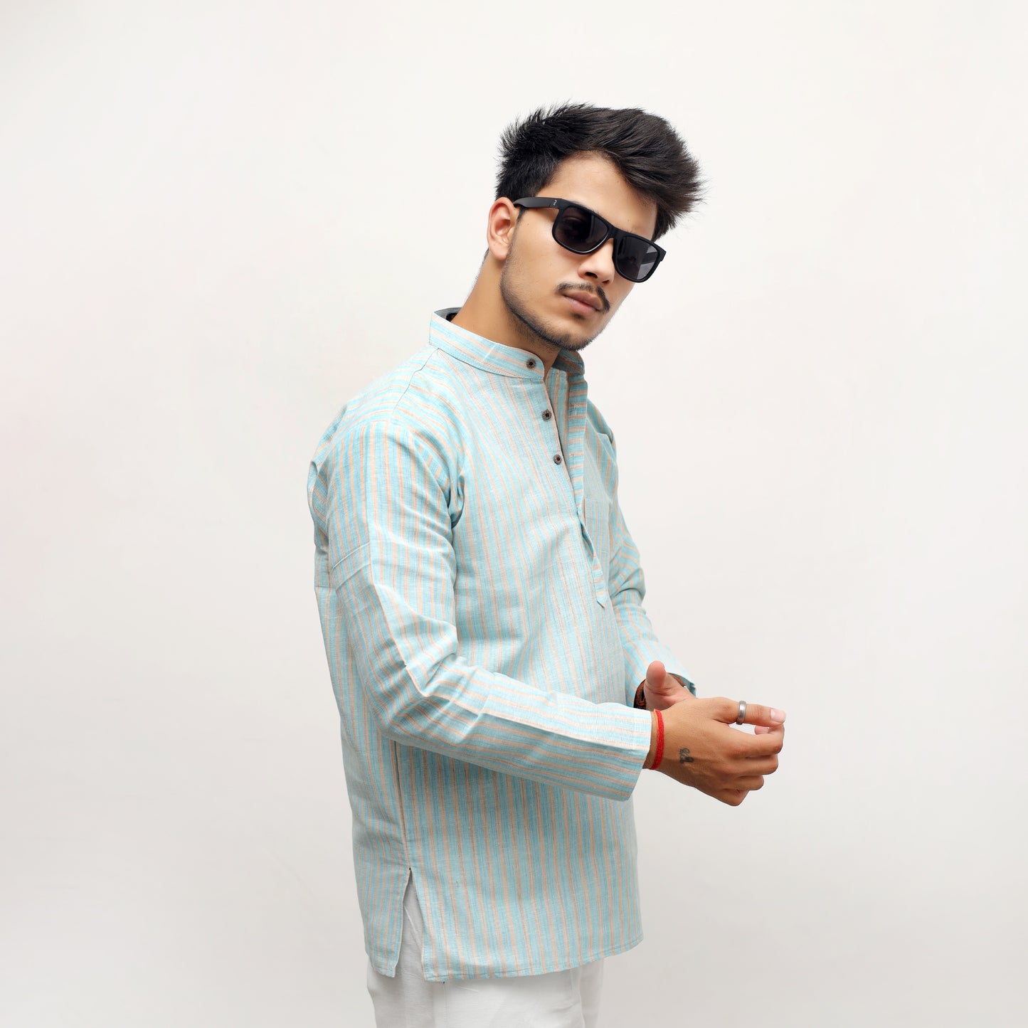Combo Set Golden Striped Full Sleeves Short Kurta-Blue
