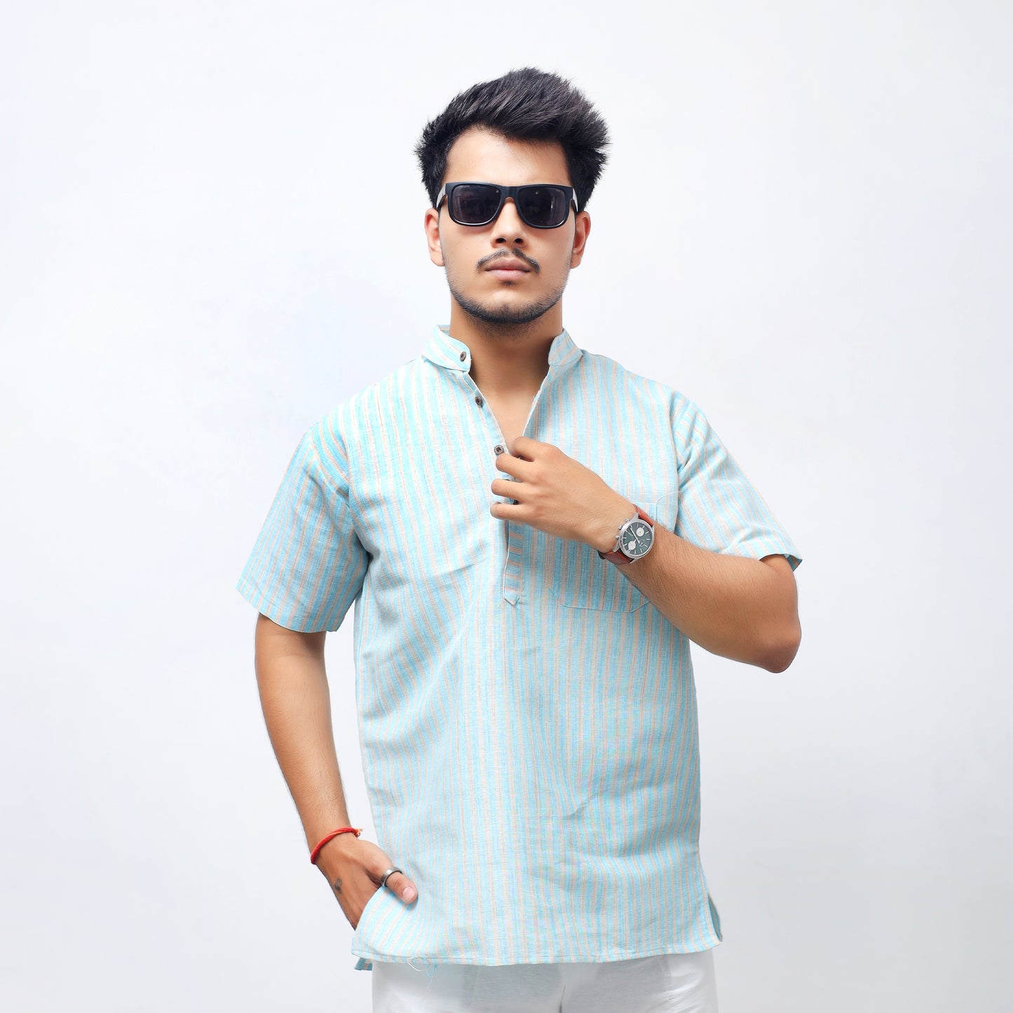 Golden Striped Half Sleeves Short Kurta-Blue