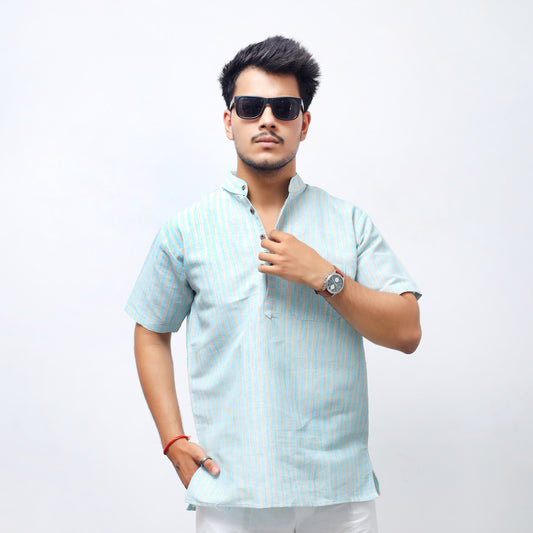 Golden Striped Half Sleeves Short Kurta-Blue