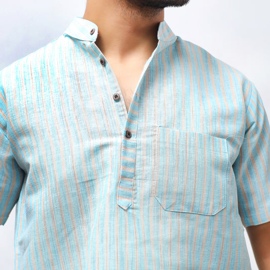 Golden Striped Half Sleeves Short Kurta-Blue