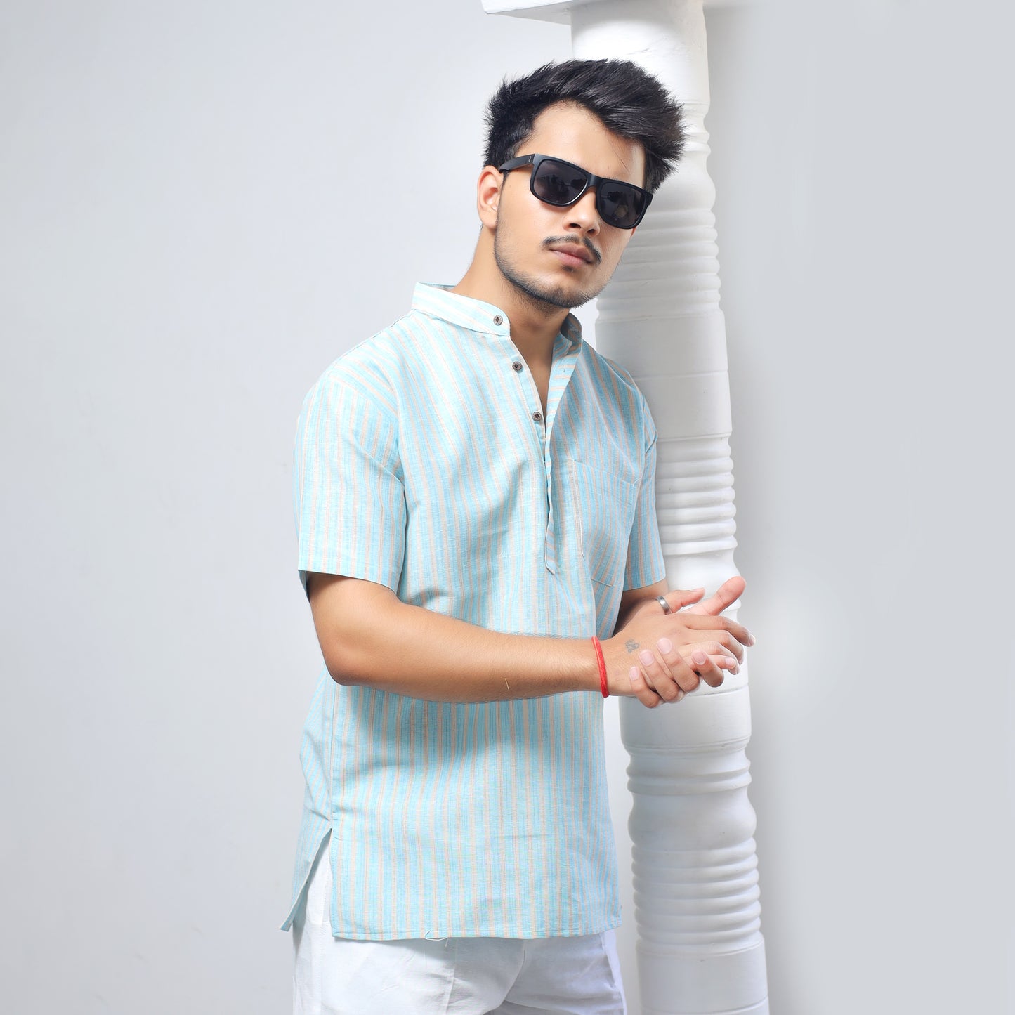 Golden Striped Half Sleeves Short Kurta-Blue